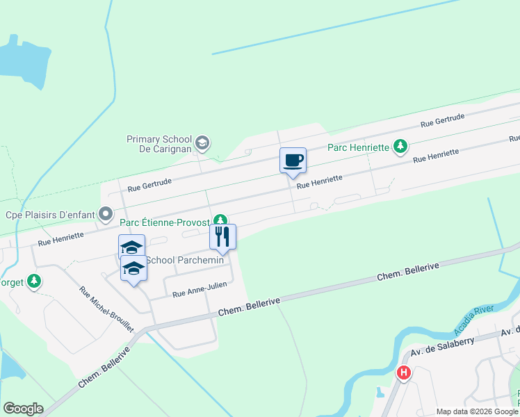 map of restaurants, bars, coffee shops, grocery stores, and more near Rue Liliane Ouest in Carignan