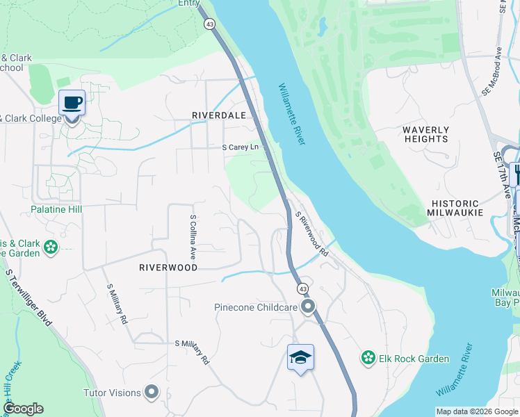 map of restaurants, bars, coffee shops, grocery stores, and more near 10933 South Riverside Drive in Portland