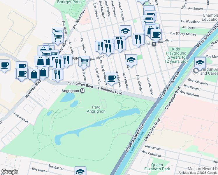 map of restaurants, bars, coffee shops, grocery stores, and more near Boulevard des Trinitaires in Montréal