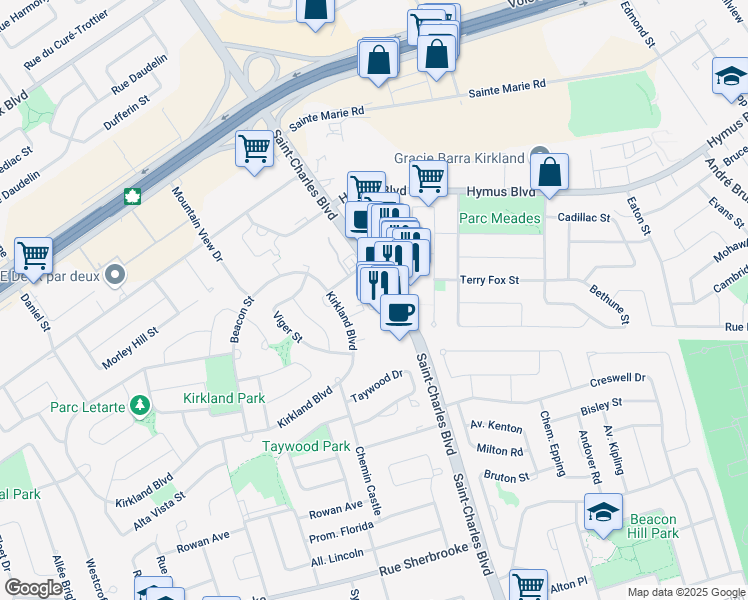 map of restaurants, bars, coffee shops, grocery stores, and more near 2892 Boulevard Saint-Charles in Kirkland