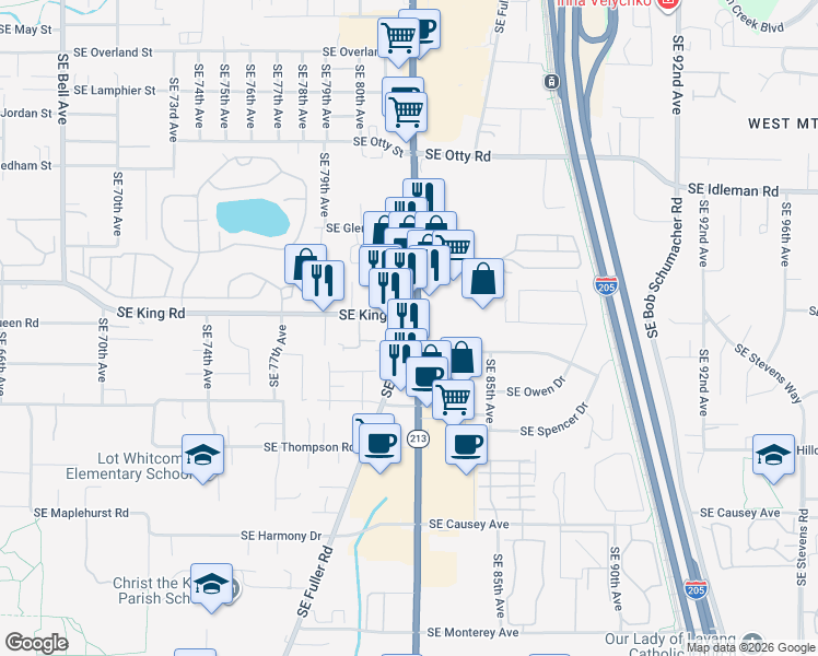 map of restaurants, bars, coffee shops, grocery stores, and more near 8081 Southeast King Road in Milwaukie