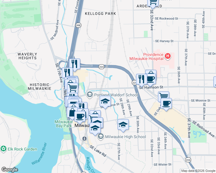 map of restaurants, bars, coffee shops, grocery stores, and more near 2519 Southeast Harrison Street in Milwaukie