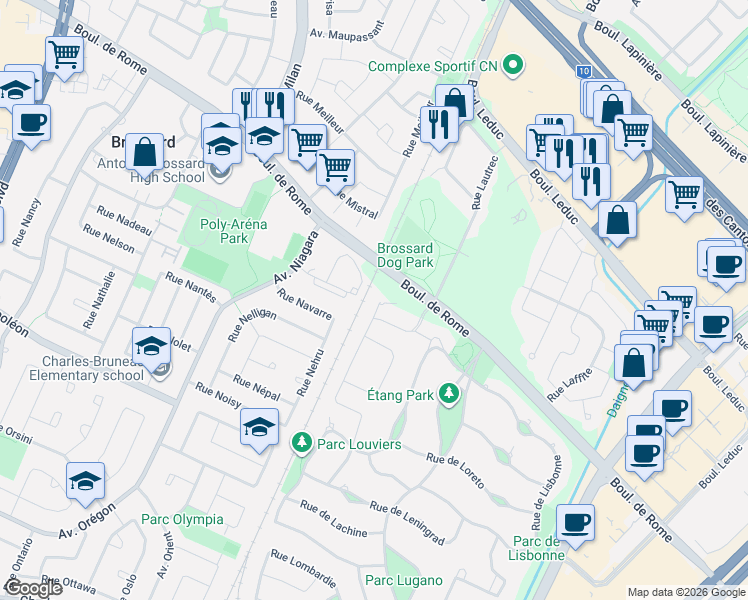 map of restaurants, bars, coffee shops, grocery stores, and more near 7100 Rue de Liège in Brossard