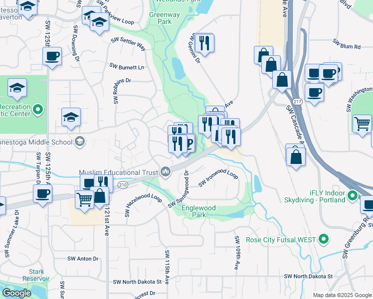 map of restaurants, bars, coffee shops, grocery stores, and more near 11415 Southwest Scholls Ferry Road in Beaverton