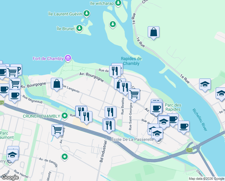 map of restaurants, bars, coffee shops, grocery stores, and more near 2130 Avenue Bourgogne in Chambly