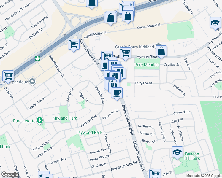map of restaurants, bars, coffee shops, grocery stores, and more near 2892 Boulevard Saint-Charles in Kirkland