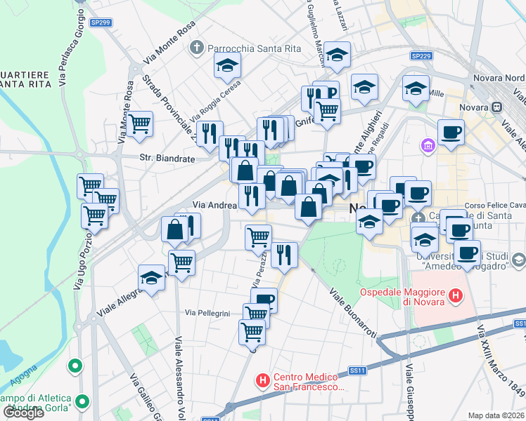 map of restaurants, bars, coffee shops, grocery stores, and more near 18 Via Andrea Costa in Novara
