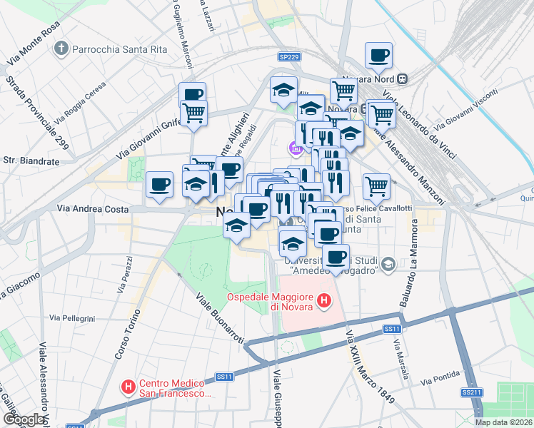 map of restaurants, bars, coffee shops, grocery stores, and more near 2-12 Via San Gaudenzio in Novara