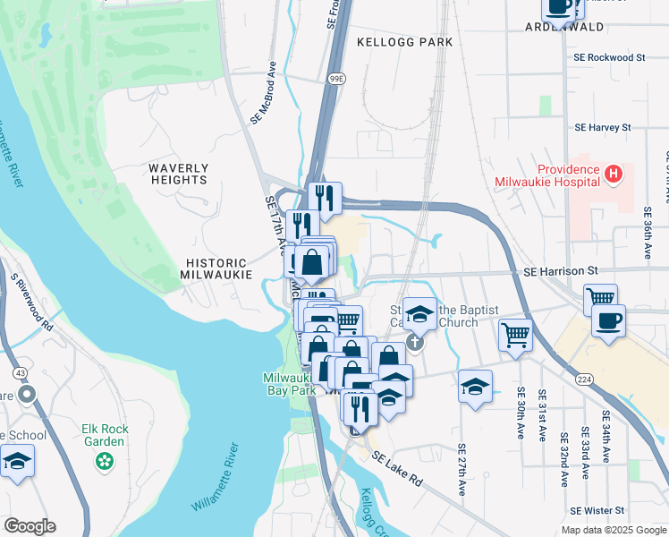 map of restaurants, bars, coffee shops, grocery stores, and more near 10550 Southeast Main Street in Milwaukie