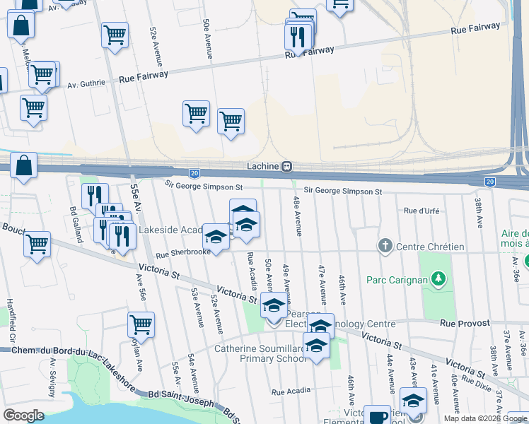 map of restaurants, bars, coffee shops, grocery stores, and more near 50e Avenue in Montréal