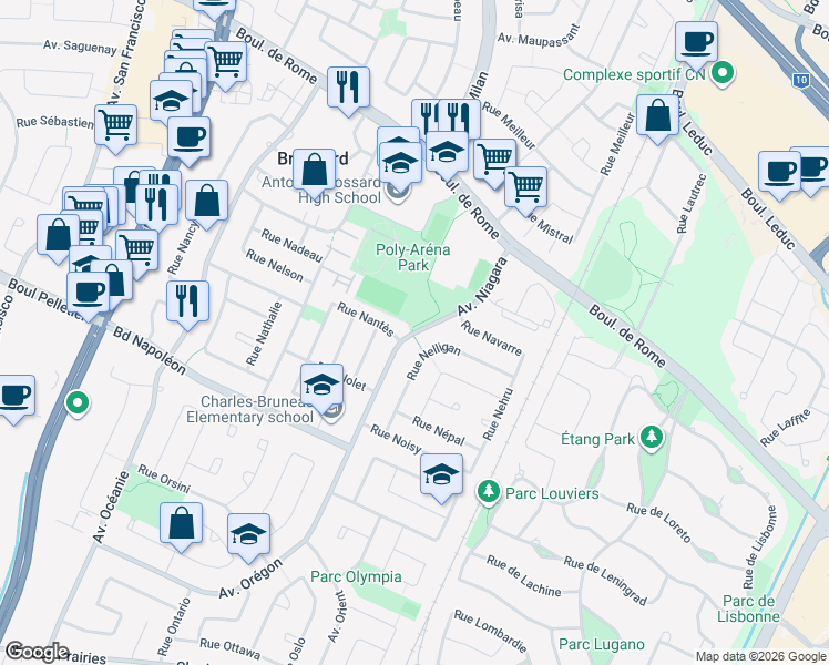 map of restaurants, bars, coffee shops, grocery stores, and more near Avenue Niagara in Brossard