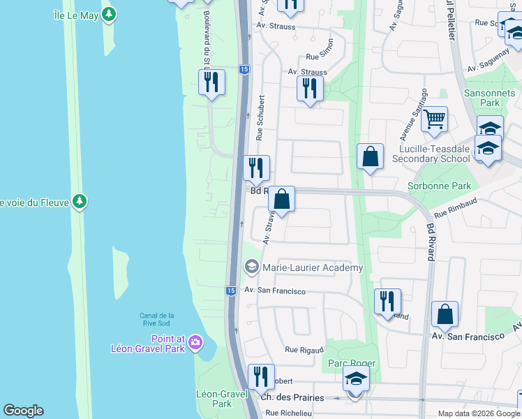 map of restaurants, bars, coffee shops, grocery stores, and more near 1874 Rue Rossignol in Brossard