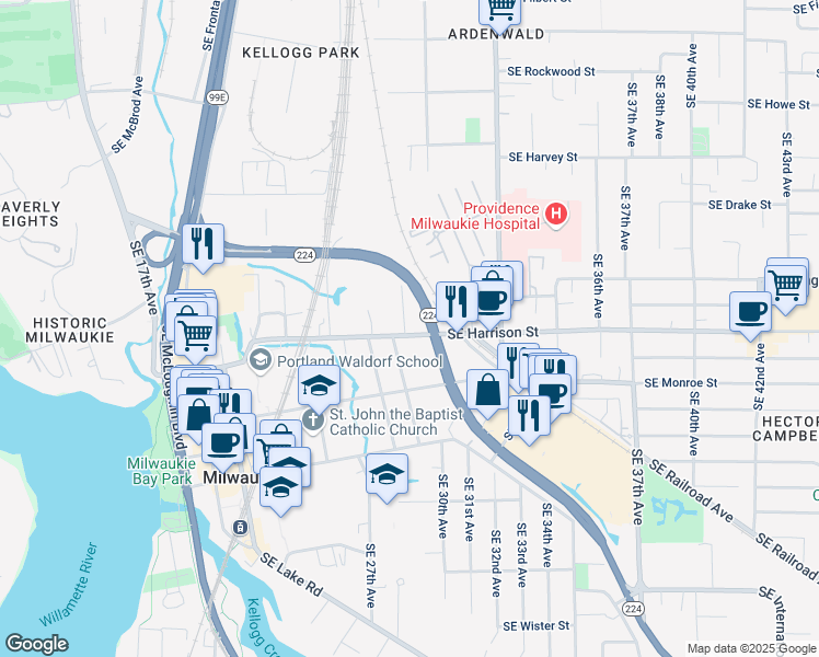 map of restaurants, bars, coffee shops, grocery stores, and more near 10559 Southeast 29th Avenue in Milwaukie