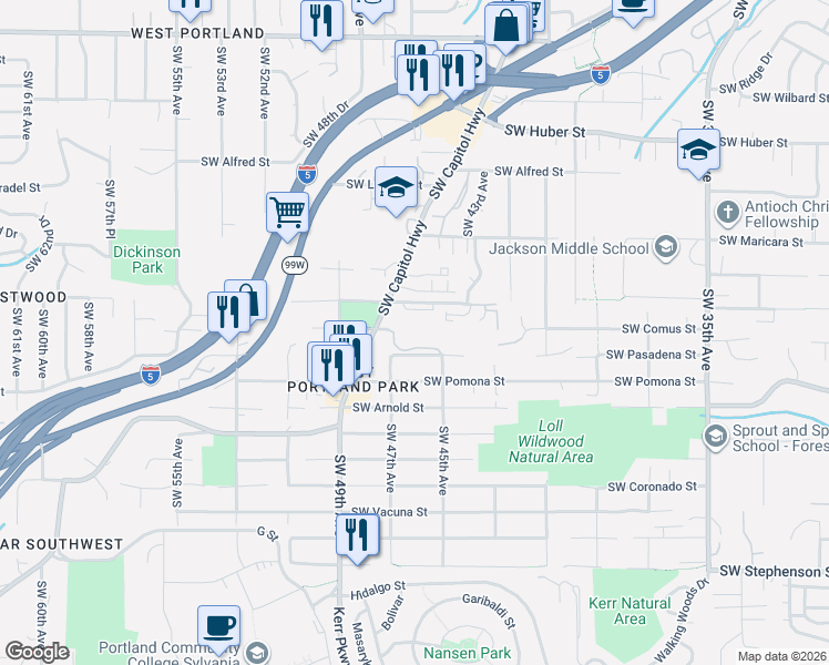 map of restaurants, bars, coffee shops, grocery stores, and more near 4534-4624 Southwest Dickinson Street in Portland