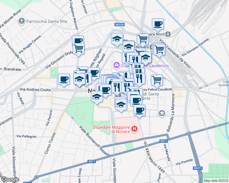 map of restaurants, bars, coffee shops, grocery stores, and more near 2-12 Via San Gaudenzio in Novara