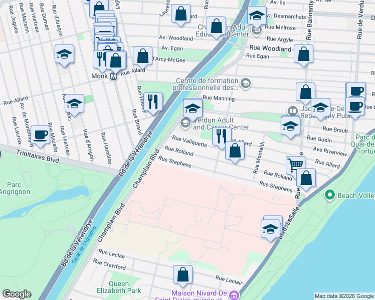 map of restaurants, bars, coffee shops, grocery stores, and more near 1457 Rue Rolland in Montréal