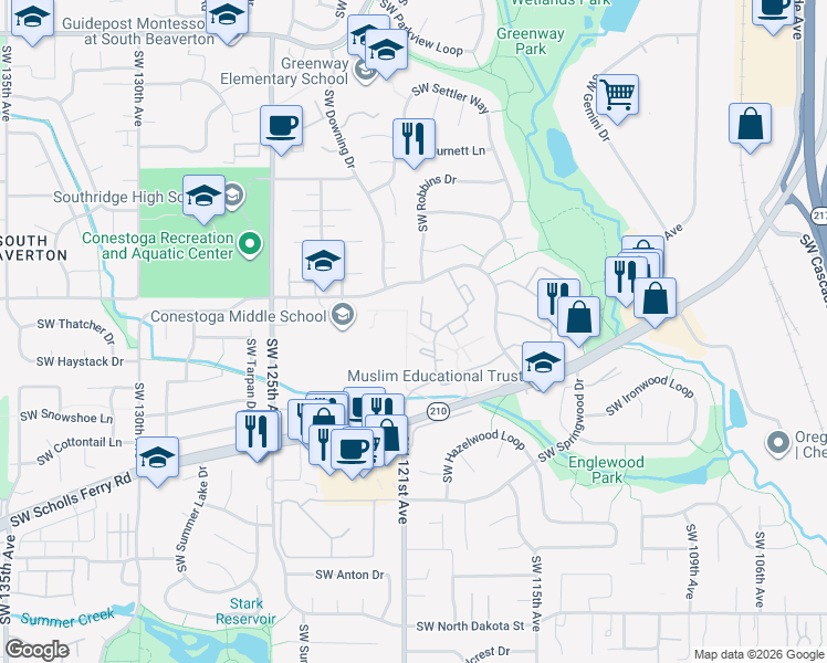 map of restaurants, bars, coffee shops, grocery stores, and more near 10153 Southwest Trapper Terrace in Beaverton