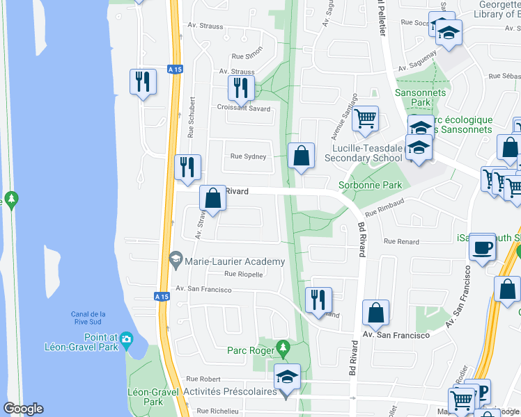map of restaurants, bars, coffee shops, grocery stores, and more near 905 Croissant Raphael in Brossard
