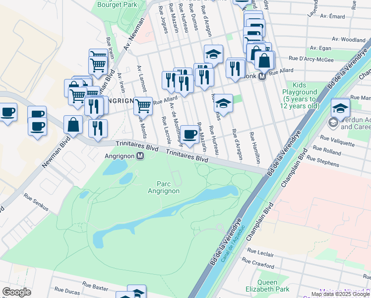 map of restaurants, bars, coffee shops, grocery stores, and more near 3175 Boulevard des Trinitaires in Montréal