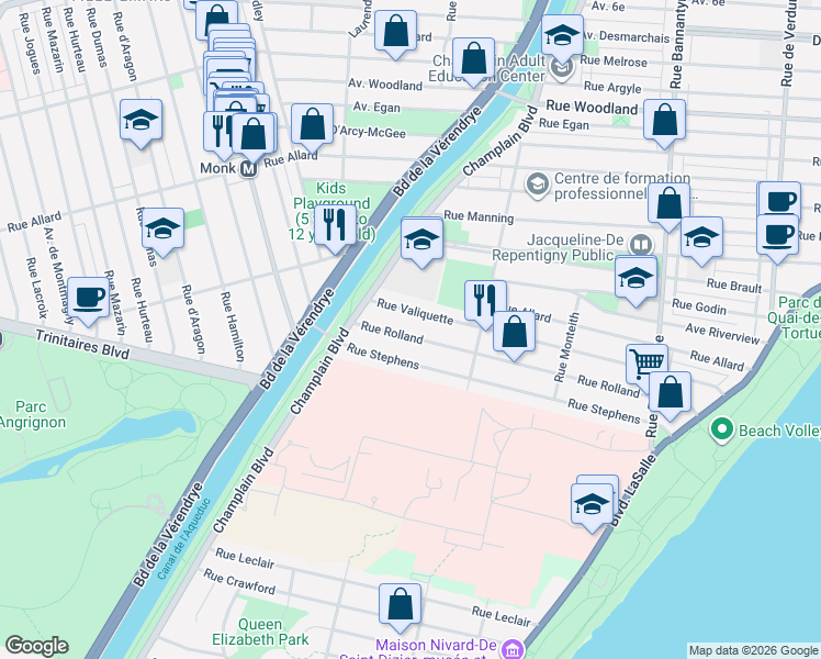 map of restaurants, bars, coffee shops, grocery stores, and more near 1457 Rue Rolland in Montréal