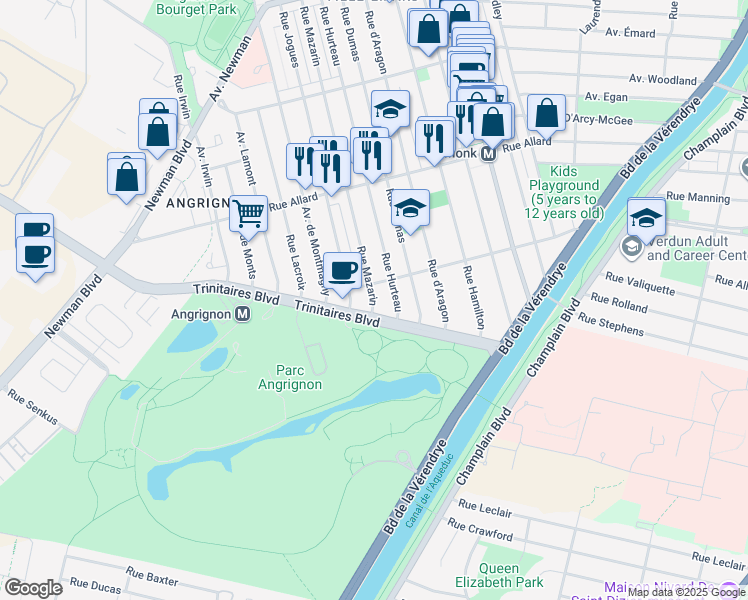 map of restaurants, bars, coffee shops, grocery stores, and more near Rue Mazarin in Montreal