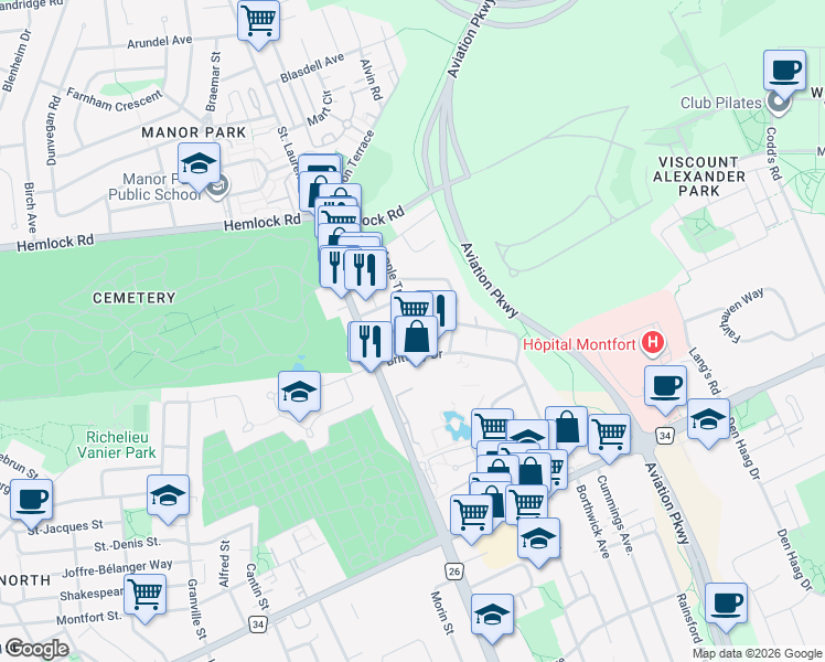 map of restaurants, bars, coffee shops, grocery stores, and more near 1036 Riviera Drive in Ottawa