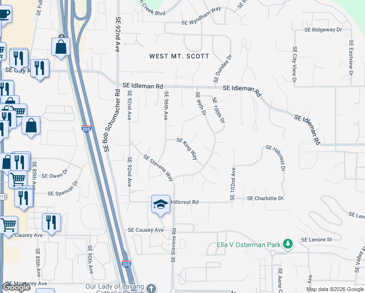 map of restaurants, bars, coffee shops, grocery stores, and more near 9662 Southeast King Way in Happy Valley