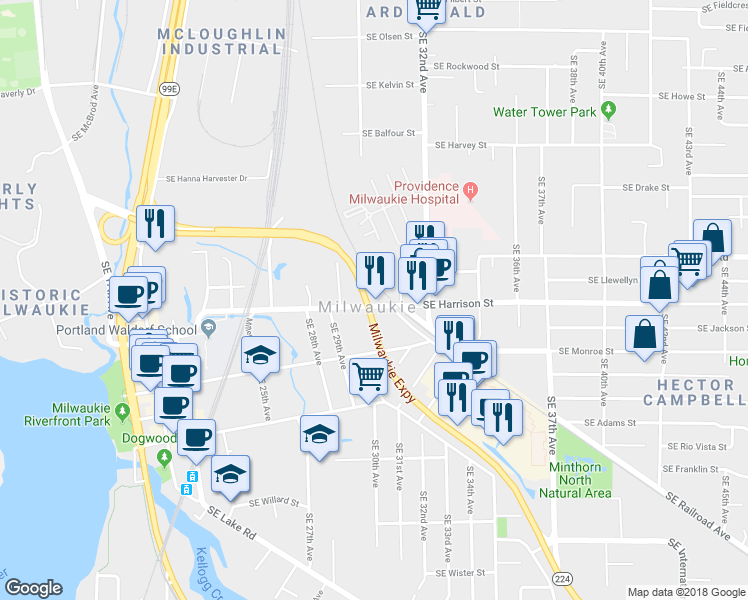 map of restaurants, bars, coffee shops, grocery stores, and more near 3045 Southeast Harrison Street in Portland