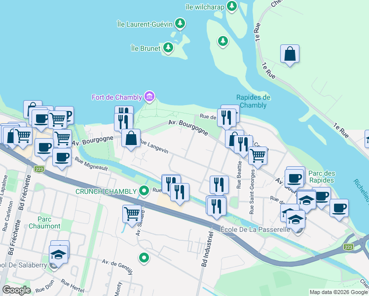 map of restaurants, bars, coffee shops, grocery stores, and more near 2 Rue Saint Stephen in Chambly