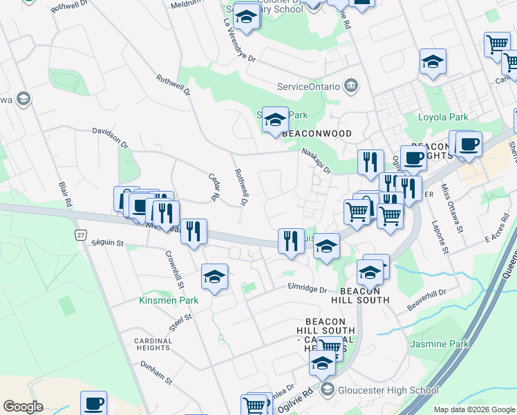 map of restaurants, bars, coffee shops, grocery stores, and more near 1941 Marquis Avenue in Ottawa