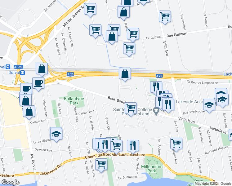 map of restaurants, bars, coffee shops, grocery stores, and more near 213 Boulevard Bouchard in Dorval