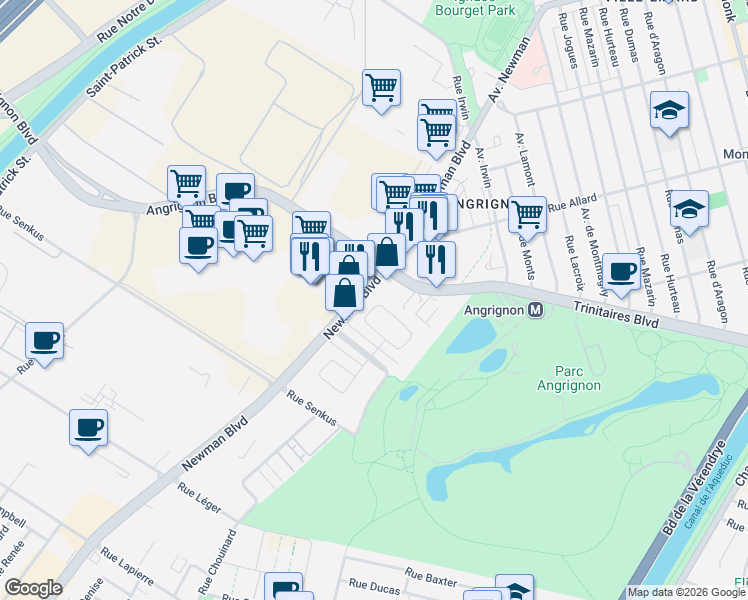 map of restaurants, bars, coffee shops, grocery stores, and more near 6872 Rue Marie Guyart in Montréal