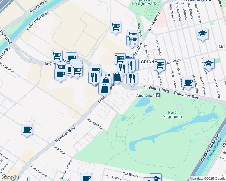 map of restaurants, bars, coffee shops, grocery stores, and more near 6872 Rue Marie Guyart in Montréal