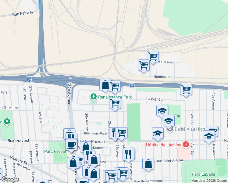 map of restaurants, bars, coffee shops, grocery stores, and more near 983 25e Avenue in Montrã©Al