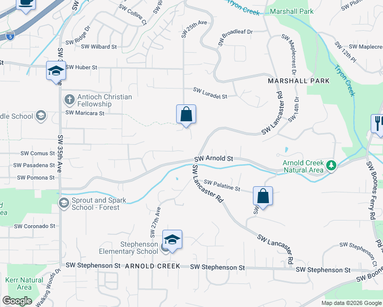 map of restaurants, bars, coffee shops, grocery stores, and more near 2313 Southwest Arnold Street in Portland