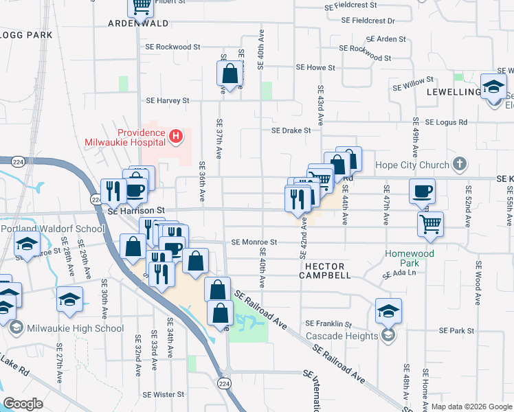map of restaurants, bars, coffee shops, grocery stores, and more near in Milwaukie