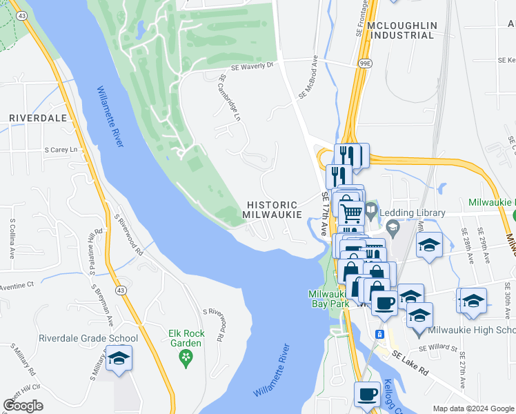 map of restaurants, bars, coffee shops, grocery stores, and more near 10415 Southeast Waverly Court in Milwaukie