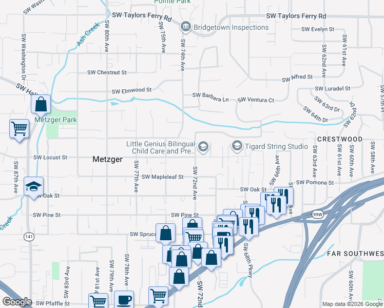 map of restaurants, bars, coffee shops, grocery stores, and more near 7211 Southwest Locust Street in Portland