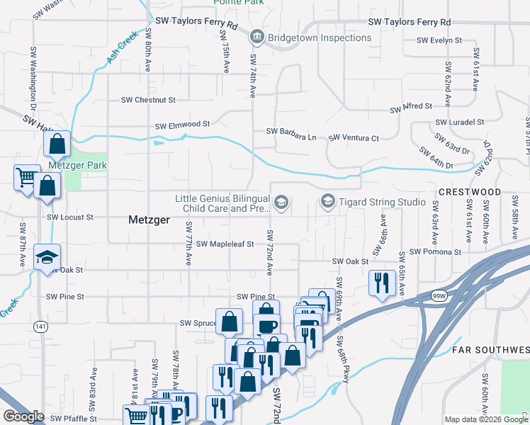 map of restaurants, bars, coffee shops, grocery stores, and more near 7211 Southwest Locust Street in Portland