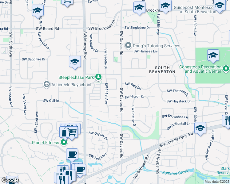 map of restaurants, bars, coffee shops, grocery stores, and more near 10034 Southwest Steeplechase Circle in Beaverton