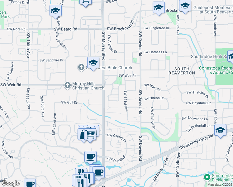 map of restaurants, bars, coffee shops, grocery stores, and more near 14350 Southwest Pasture Lane in Beaverton