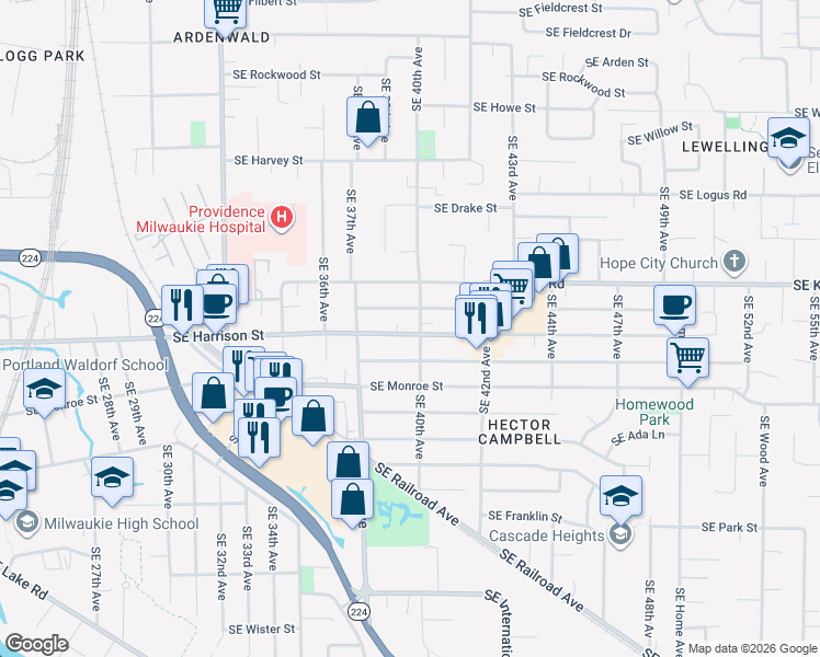 map of restaurants, bars, coffee shops, grocery stores, and more near in Milwaukie