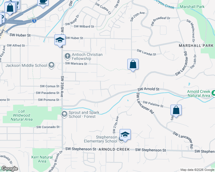 map of restaurants, bars, coffee shops, grocery stores, and more near 2743 Southwest 28th Drive in Portland