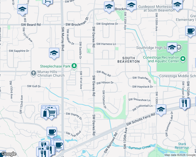map of restaurants, bars, coffee shops, grocery stores, and more near 10090 Southwest Flicka Place in Beaverton