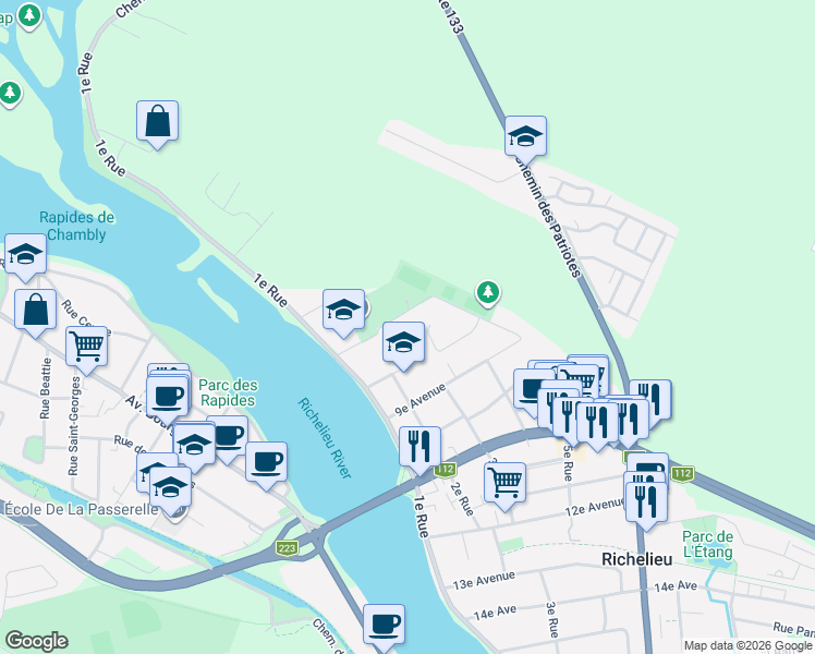 map of restaurants, bars, coffee shops, grocery stores, and more near 474 Place Beauregard in Richelieu