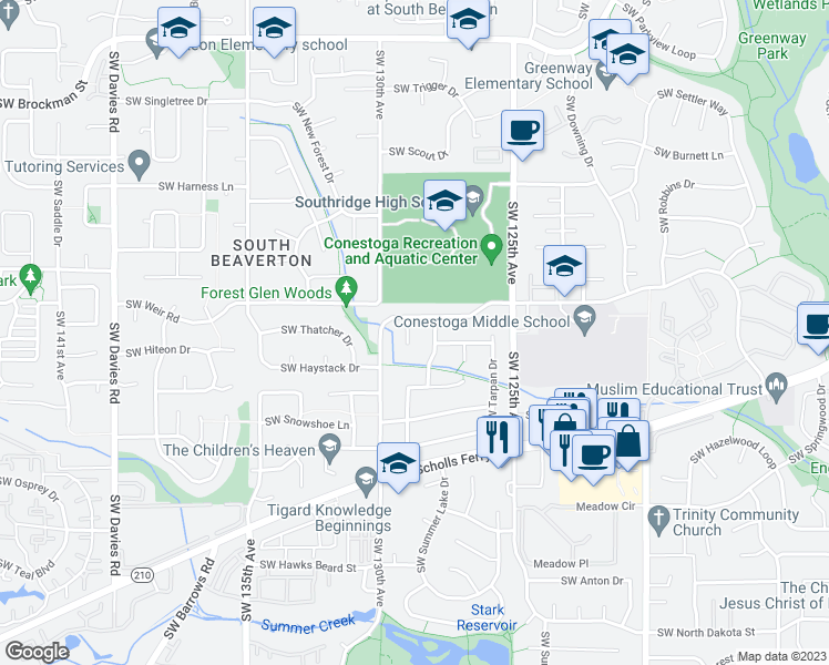 map of restaurants, bars, coffee shops, grocery stores, and more near 10110 Southwest Exmoor Place in Beaverton