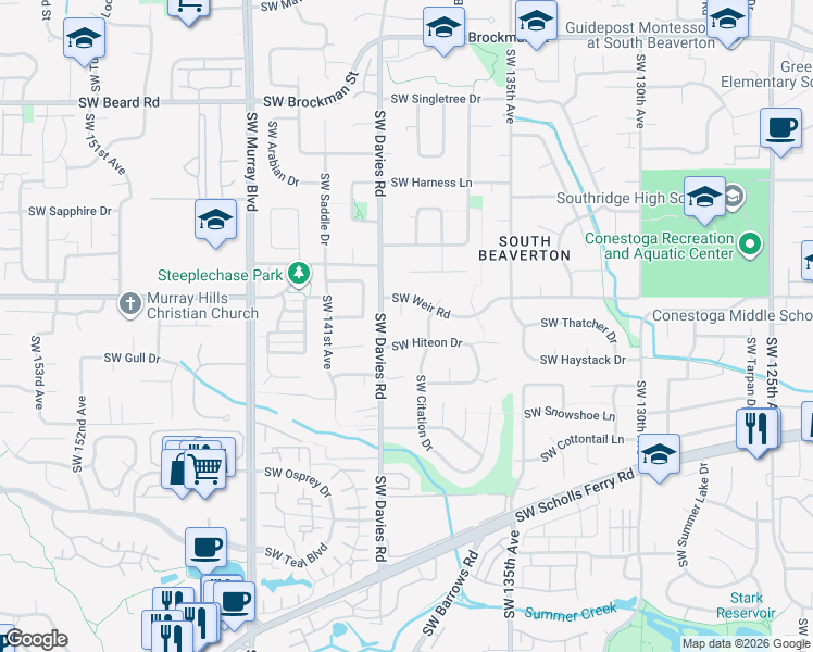 map of restaurants, bars, coffee shops, grocery stores, and more near 10090 Southwest Flicka Place in Beaverton