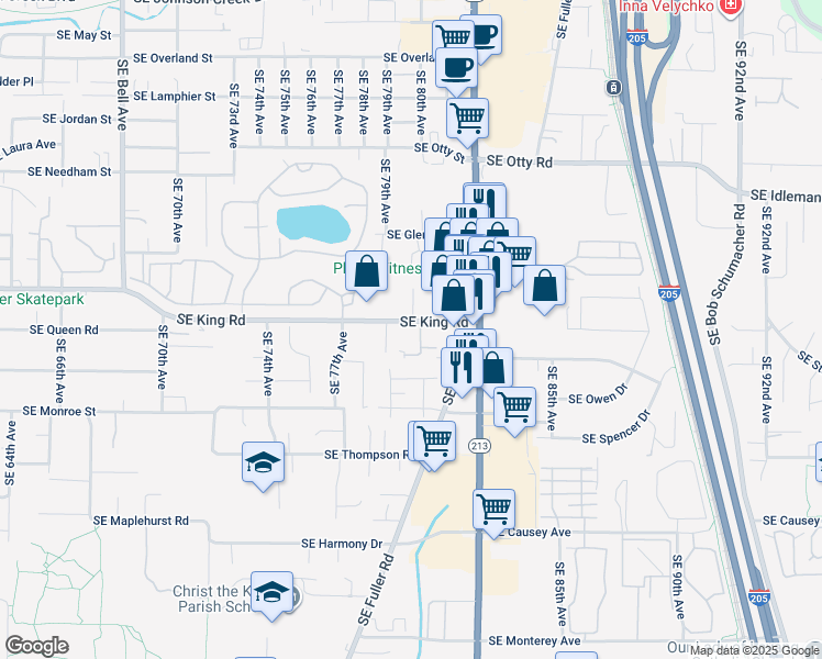 map of restaurants, bars, coffee shops, grocery stores, and more near 7980 Southeast King Road in Milwaukie