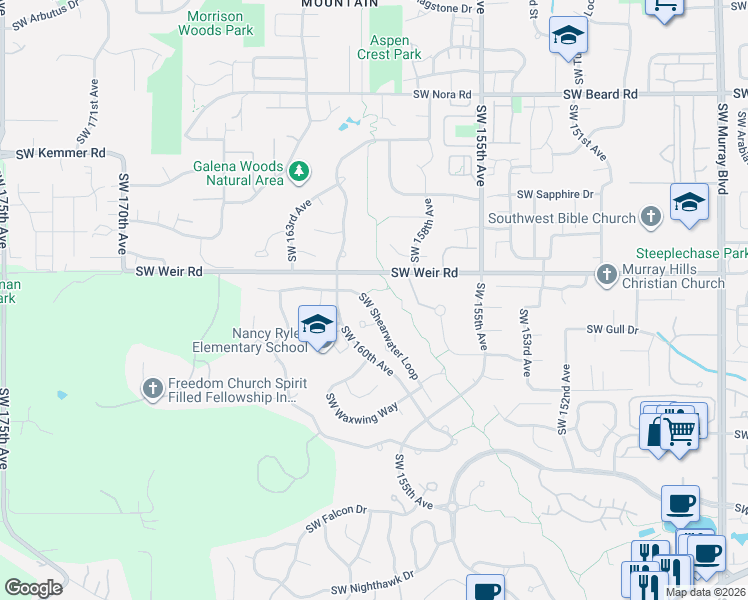 map of restaurants, bars, coffee shops, grocery stores, and more near 10140 Southwest Shearwater Loop in Beaverton
