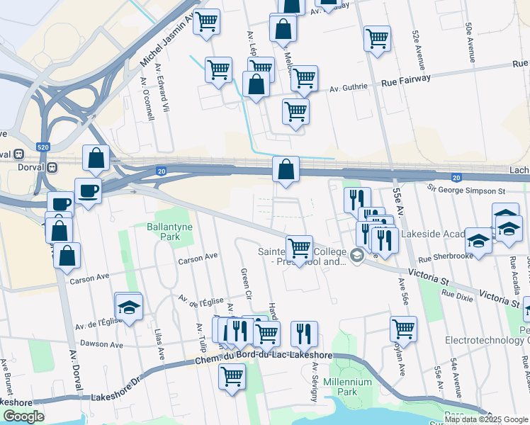 map of restaurants, bars, coffee shops, grocery stores, and more near 221 Boulevard Bouchard in Dorval